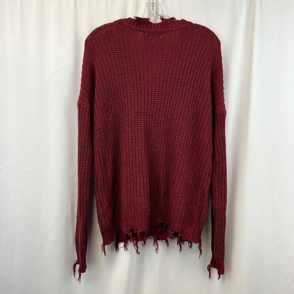 Andree by Unit Womens V-Neck Long Sleeve Distressed Knit Sweater Wine M - Picture 7 of 9